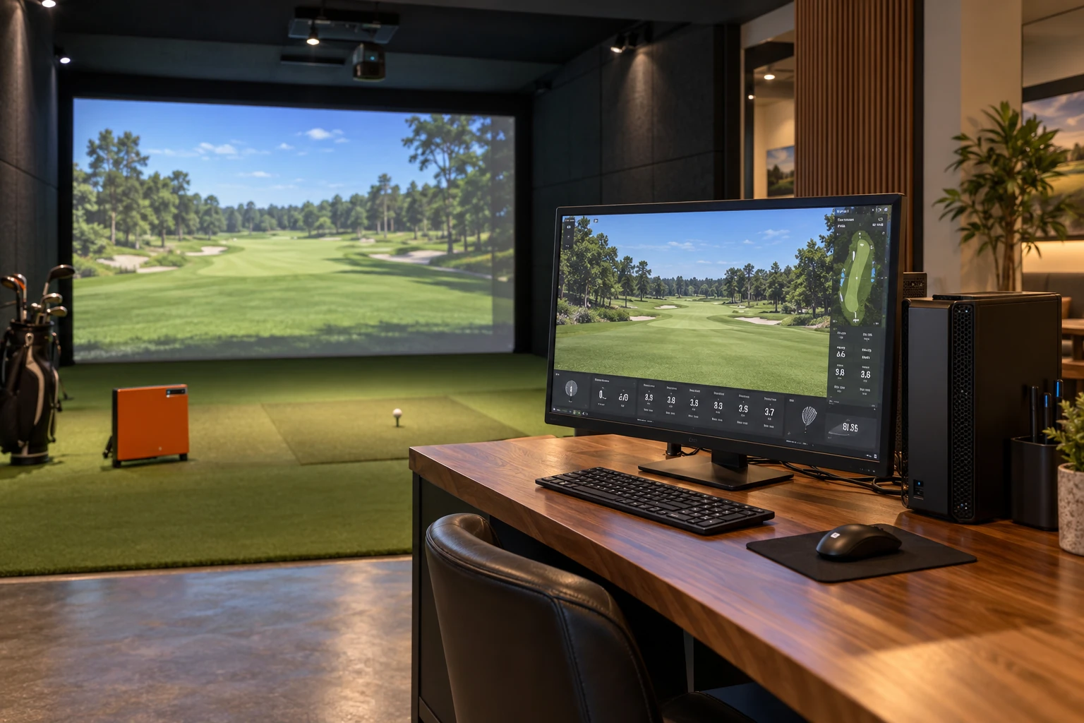 Konzeptbild eines PC-Arbeitsplatzes mit Golfsimulation neben der Leinwand