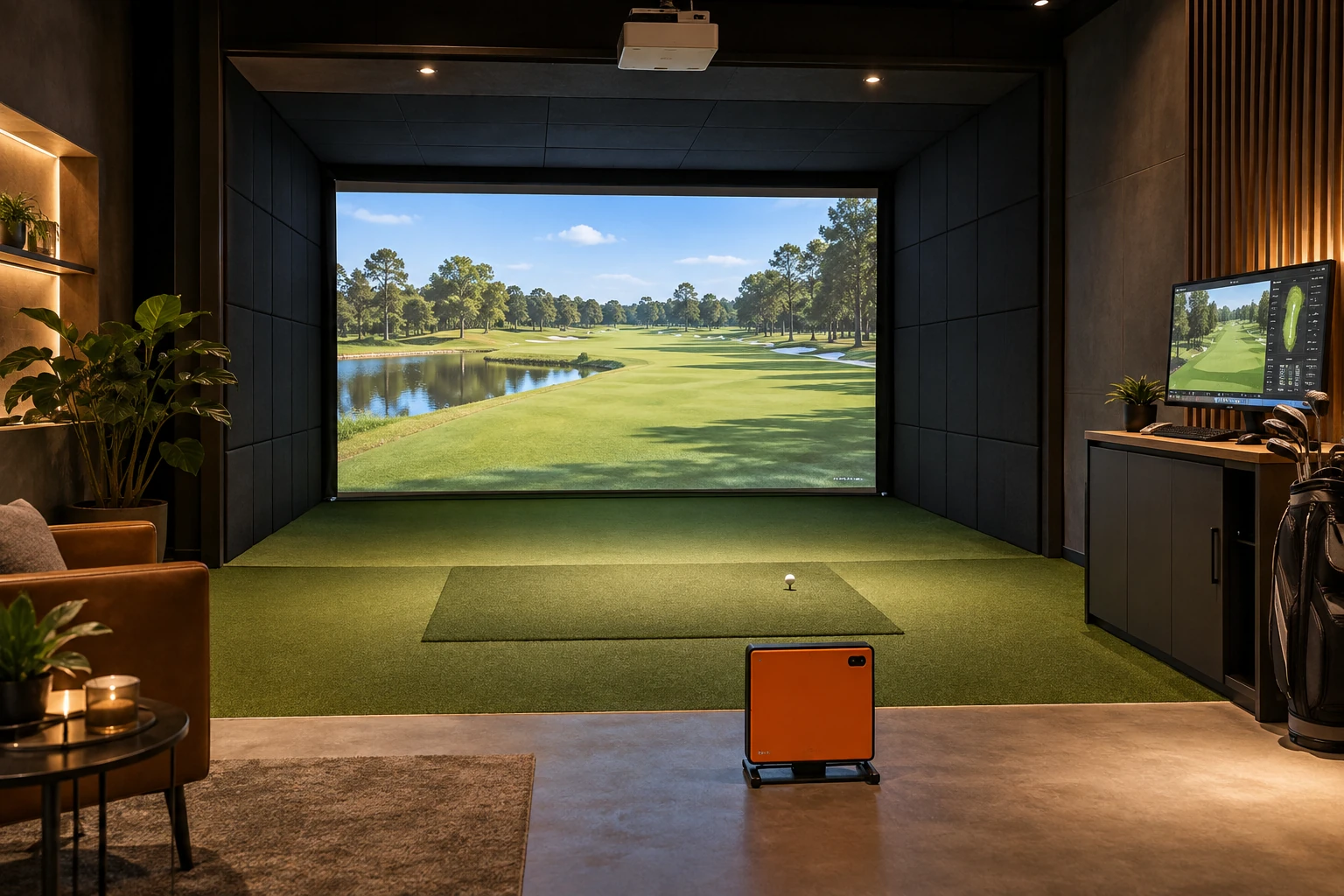Konzeptbild einer Indoorgolfanlage mit großer Leinwand, Simulator und seitlichem PC