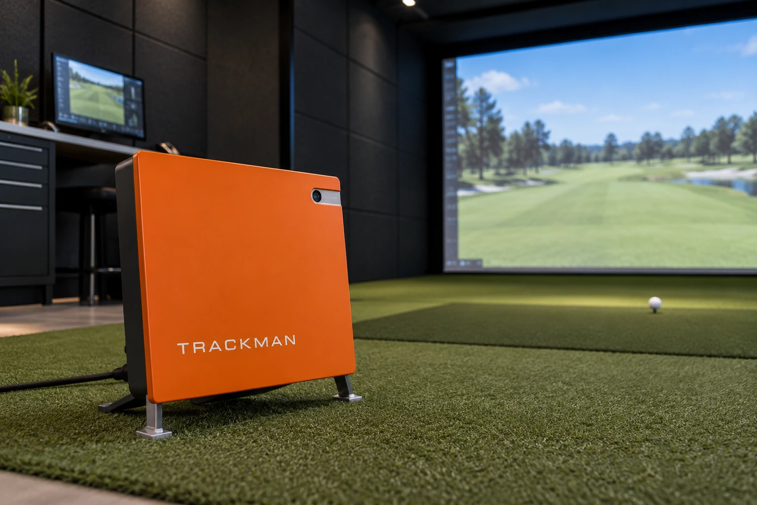 KI-Konzeptbild eines orangefarbenen Trackman-Geräts auf dem Kunstrasen einer Simulator-Bay