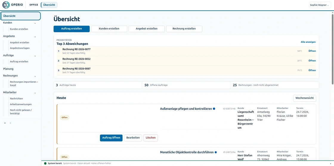 OPERIO-Beispieloberfläche: Büroübersicht mit offenen Aufträgen und Abweichungen, ausschließlich fiktive Daten.