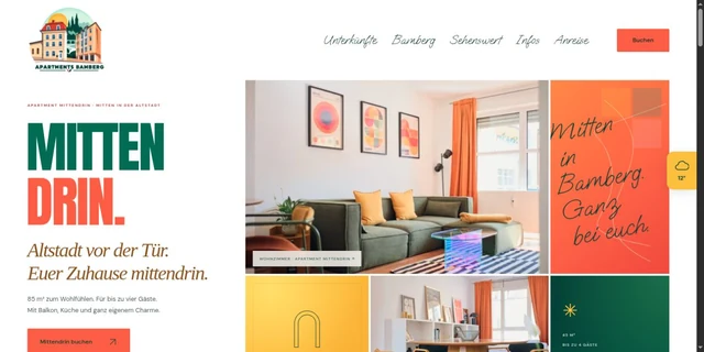 Screenshot of the Apartment Bamberg homepage with the headline Mittendrin and colored apartment photos.
