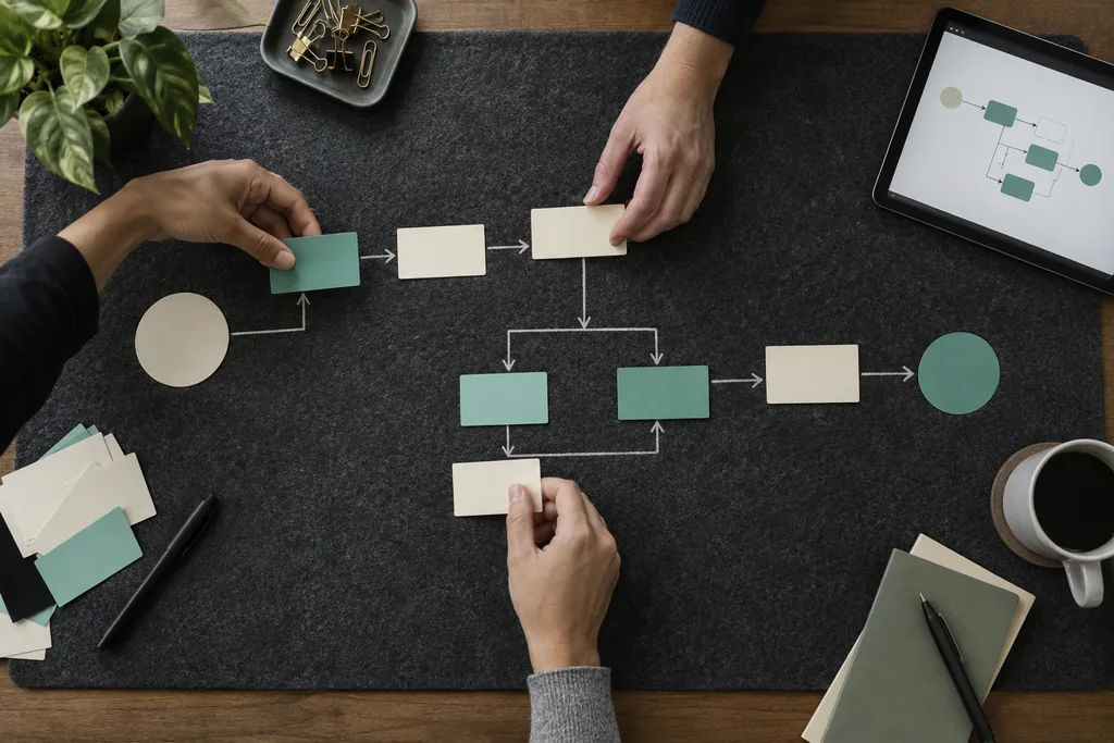 Hands arrange task cards to a sequence; a tablet shows suitable process steps.