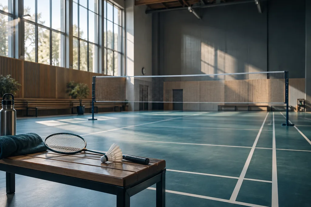 Badminton hall with net, marked playing fields, racket and spring ball.