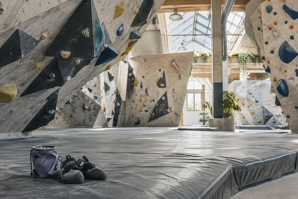 Boulderhalle with inclined climbing walls, handles and landing mats.