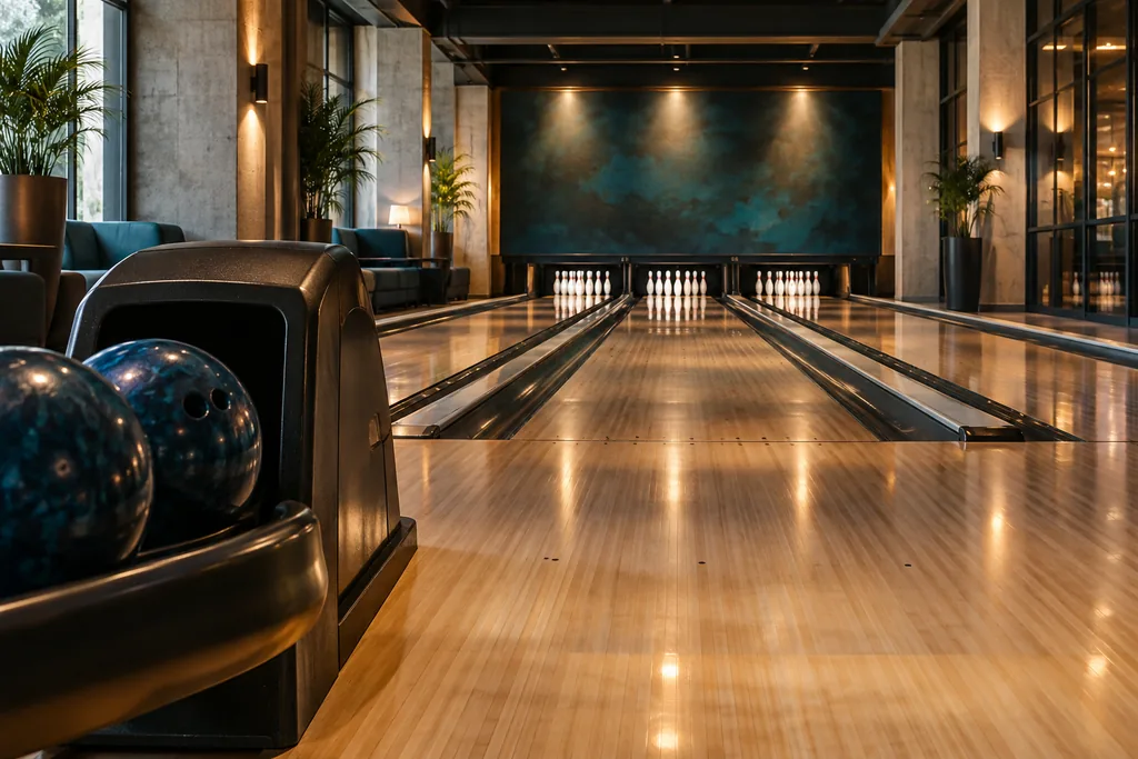 Bowling lanes with cones and bowling balls in the foreground.