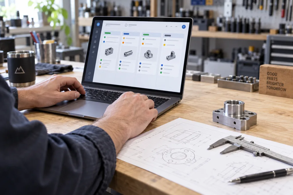 A technical drawing, measuring slide and metal component are located next to a laptop at a workshop table.