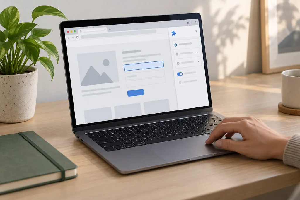 A laptop shows a webpage with a side toolbar; one hand operates the trackpad.
