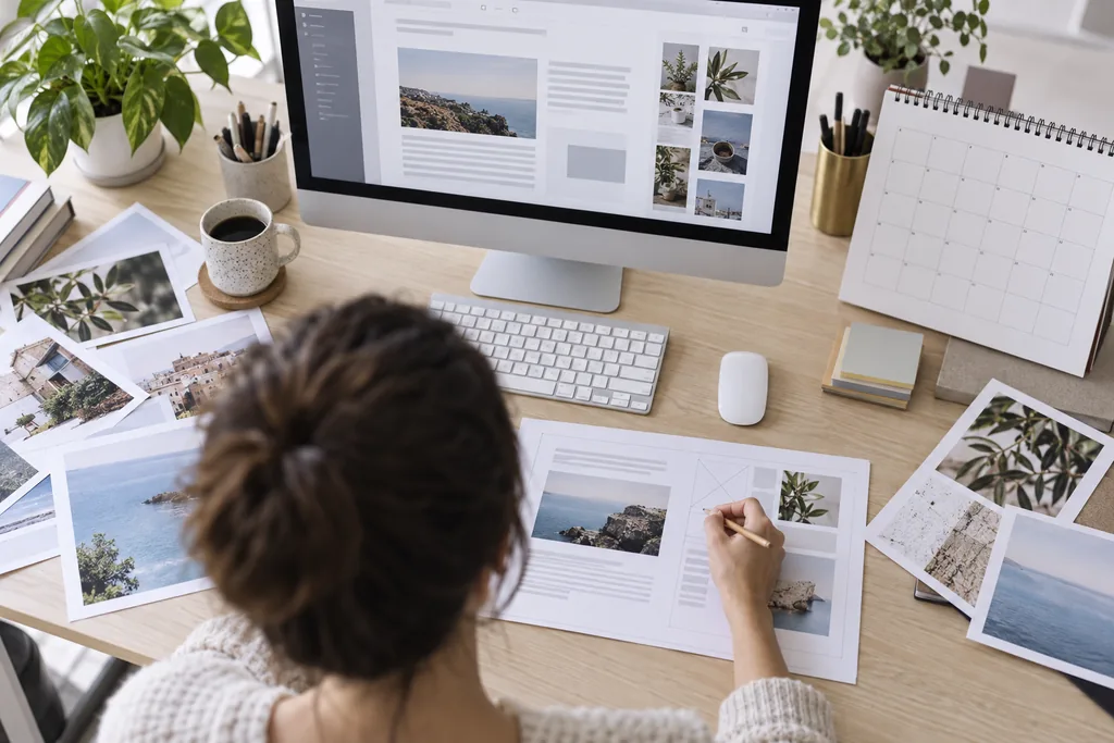 Editorial workplace with article view on the screen, image selection and paper design.