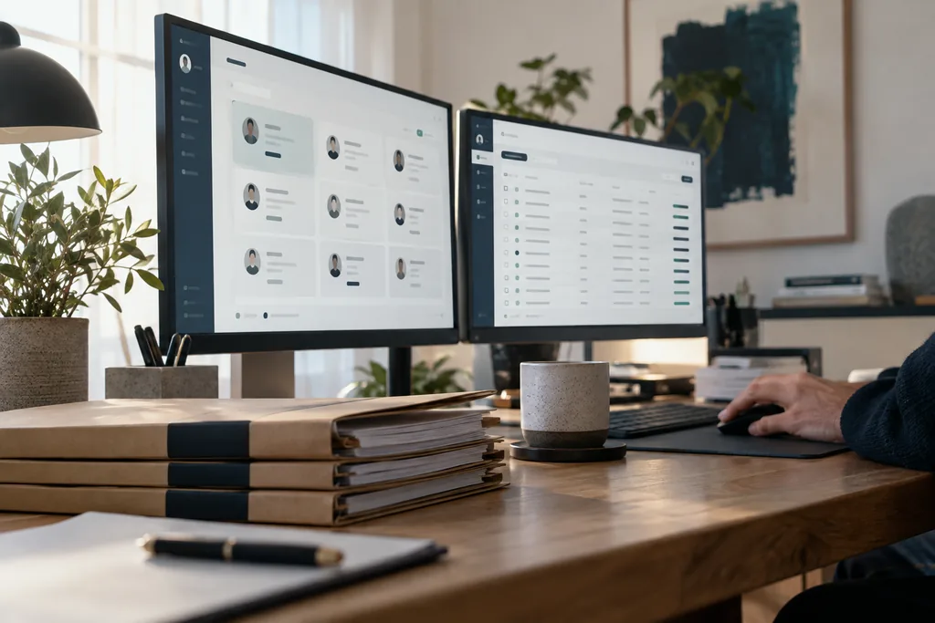Two screens show customer cards and an order overview at an orderly workstation.