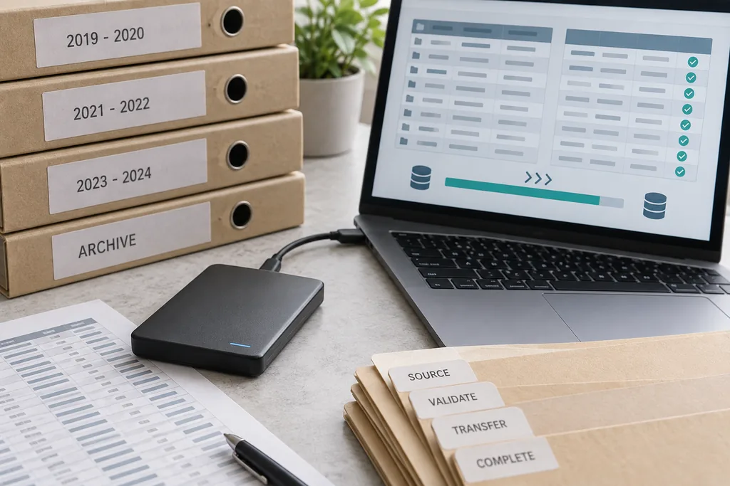 External data carrier, archive documents and two table views on the laptop for data transfer.