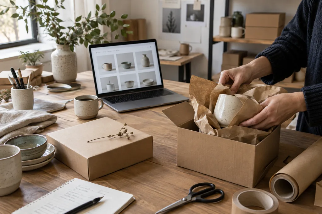 Ceramic is packed for shipping; next to it, a laptop shows a product catalogue.