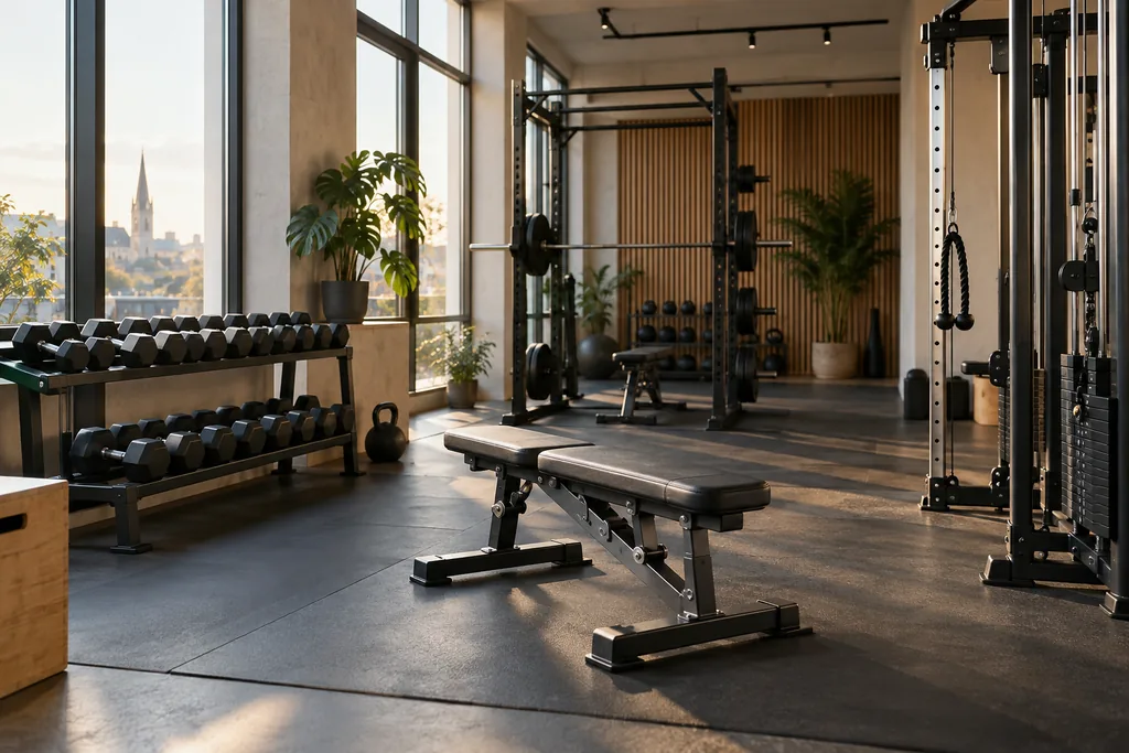 Bright gym with training bench, dumbbells and strength equipment.