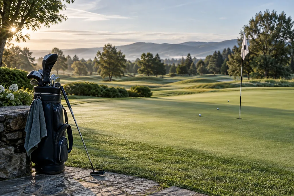 Golf practice green with flag, golf bag and well-kept landscape.