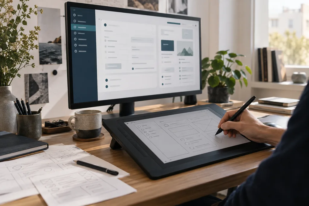 Design of custom software with pen, drawing tablet and application view on the screen.