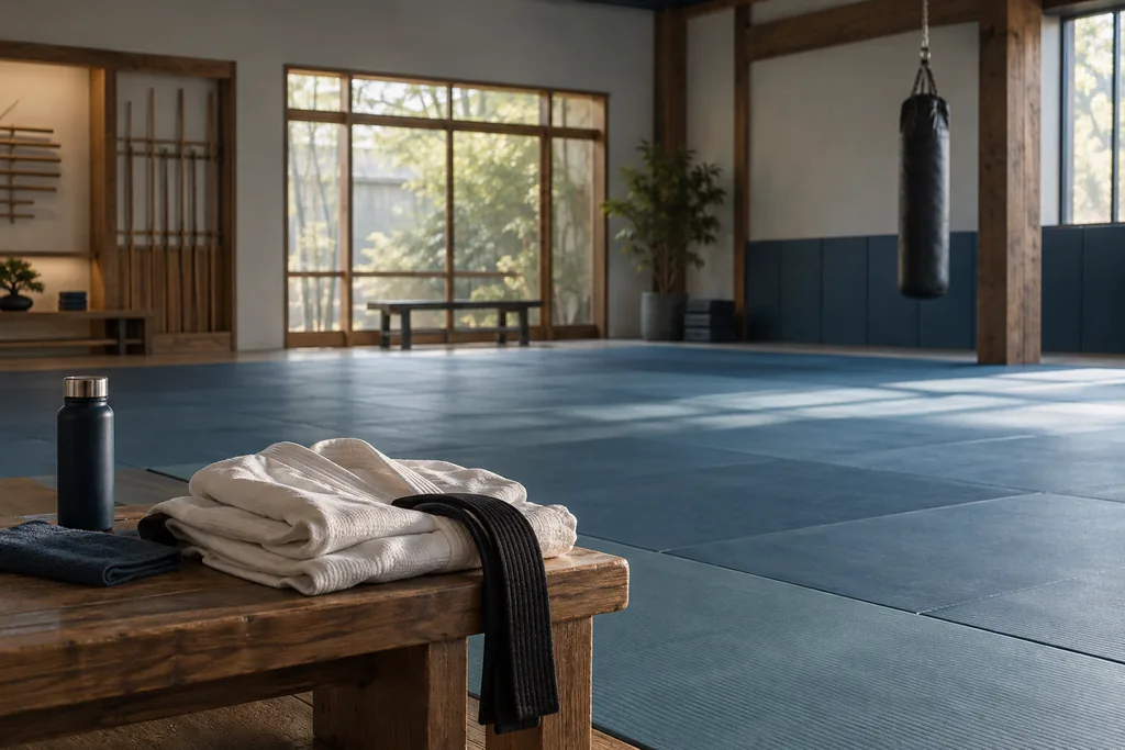 Quiet training room with mats, training clothes and punching bag.