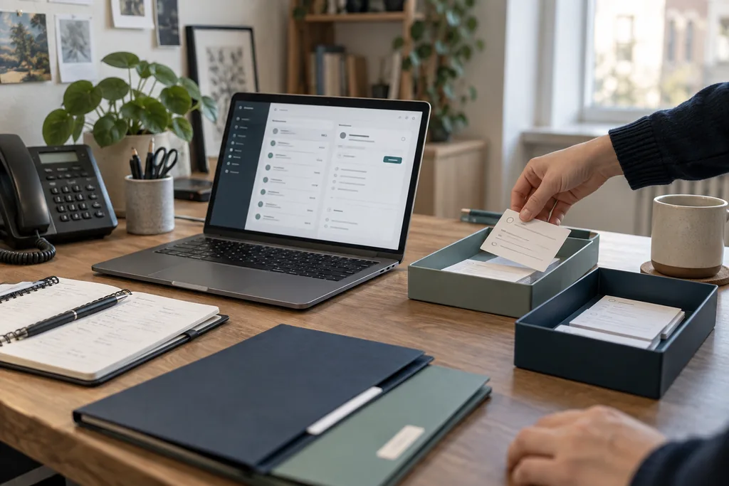 An order card is moved between trays at the workplace; next to it is a laptop with customer overview.