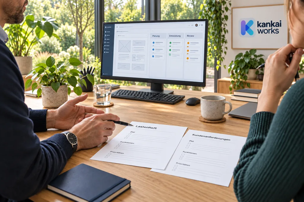 Customer discussion with specifications, customer requirements and PC in a light-flooded garden office with plants and KAN KAI WORKS logo.