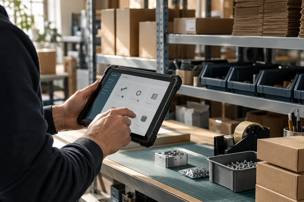 Person uses a tablet for material management at an orderly warehouse workstation.