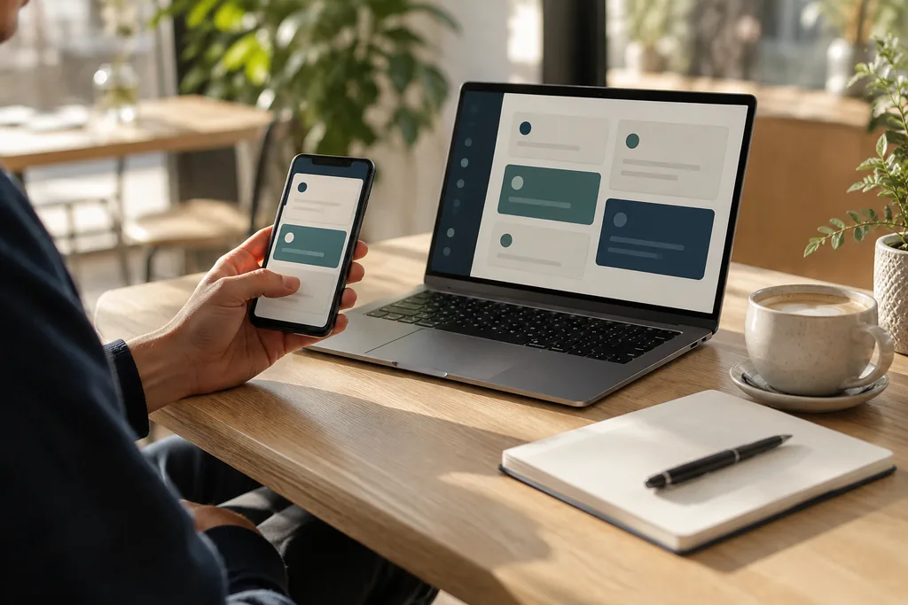 Smartphone and laptop with coordinated task views.