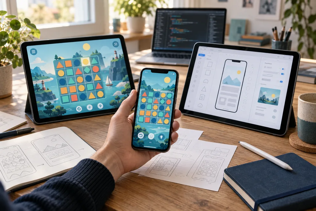 Mobile app development with a smartphone and two tablets that show game views and an app design.