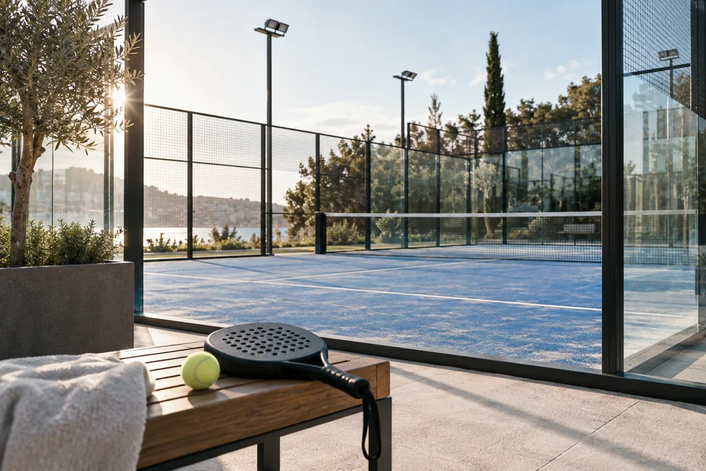 Padel court with glass walls and net; club and ball lie on a bench.