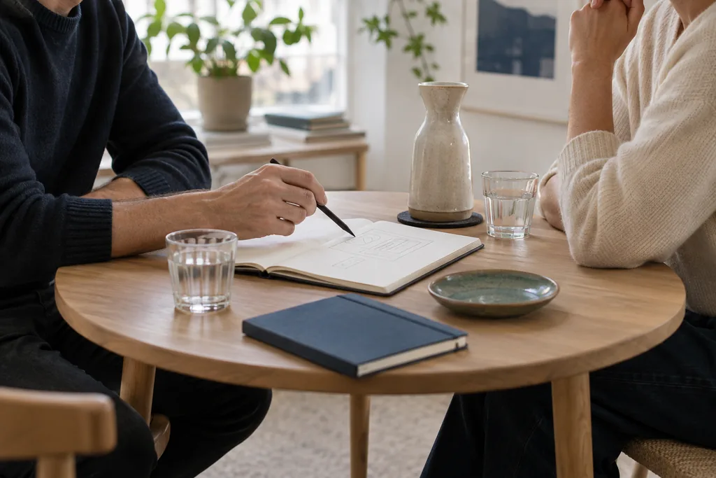 Two people discuss a project outline at a small meeting table.