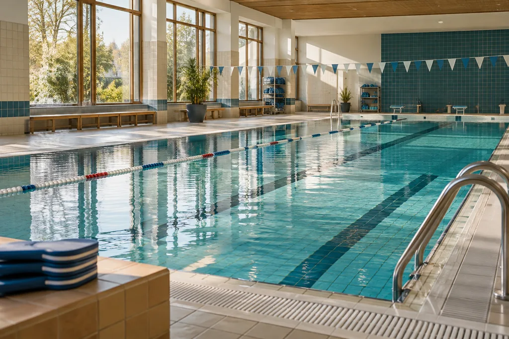 Bright instruction swimming pool with railway boundaries and floating boards.