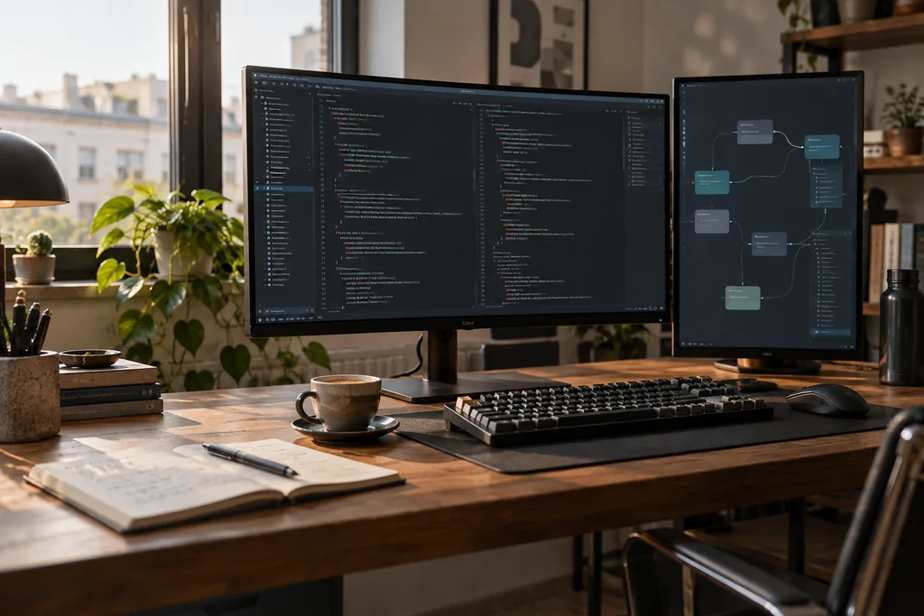 Development workstation with code view and schematically connected software modules.