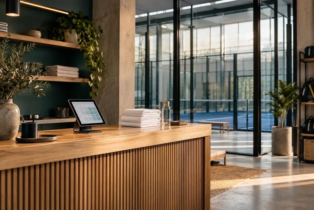 Reception of a sports centre with booking bar and view of a padel court.