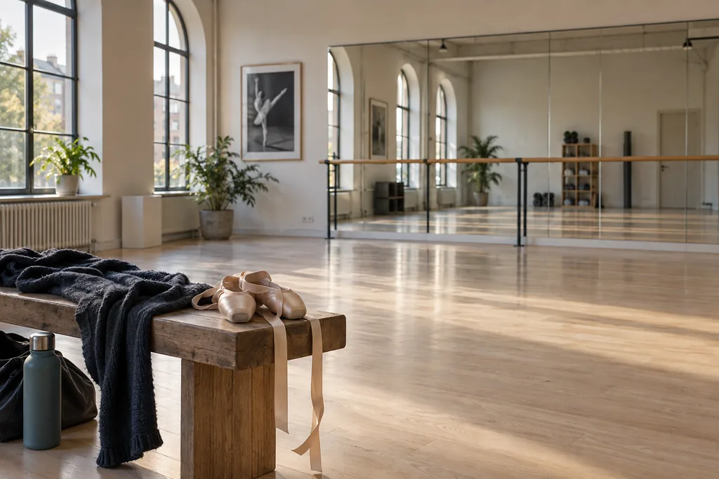 Light-flooded dance room with mirrors, wood flooring and dance shoes.