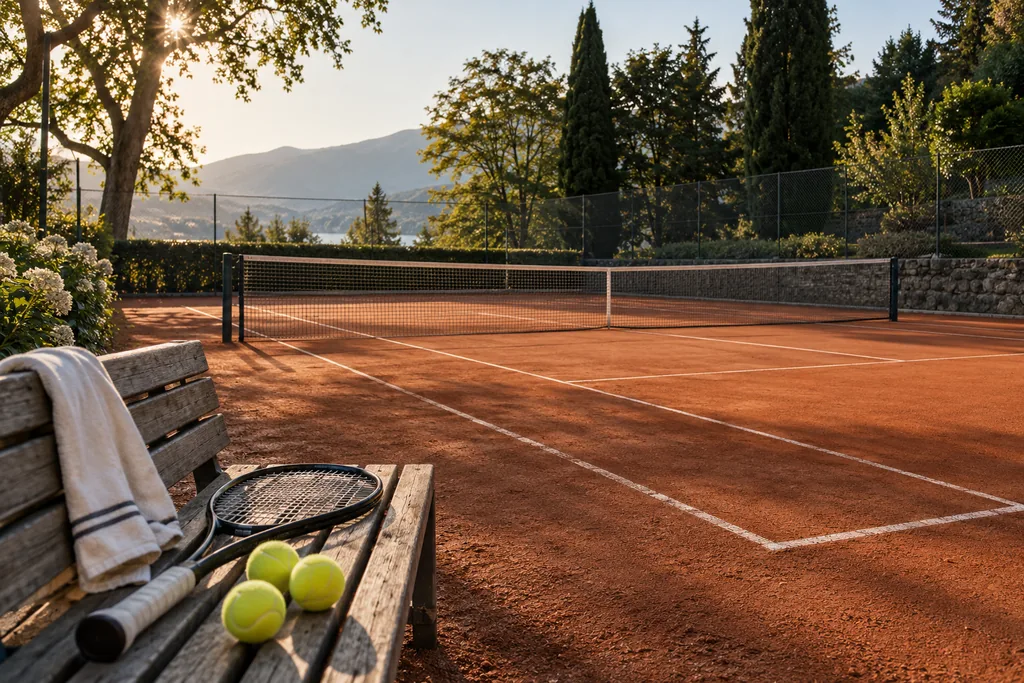 Sand tennis court with net as well as tennis rackets and balls on a bench.