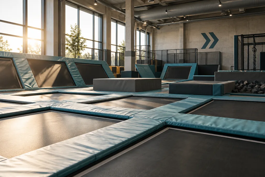 Indoor trampoline park with contiguous jumping surfaces and padded edges.