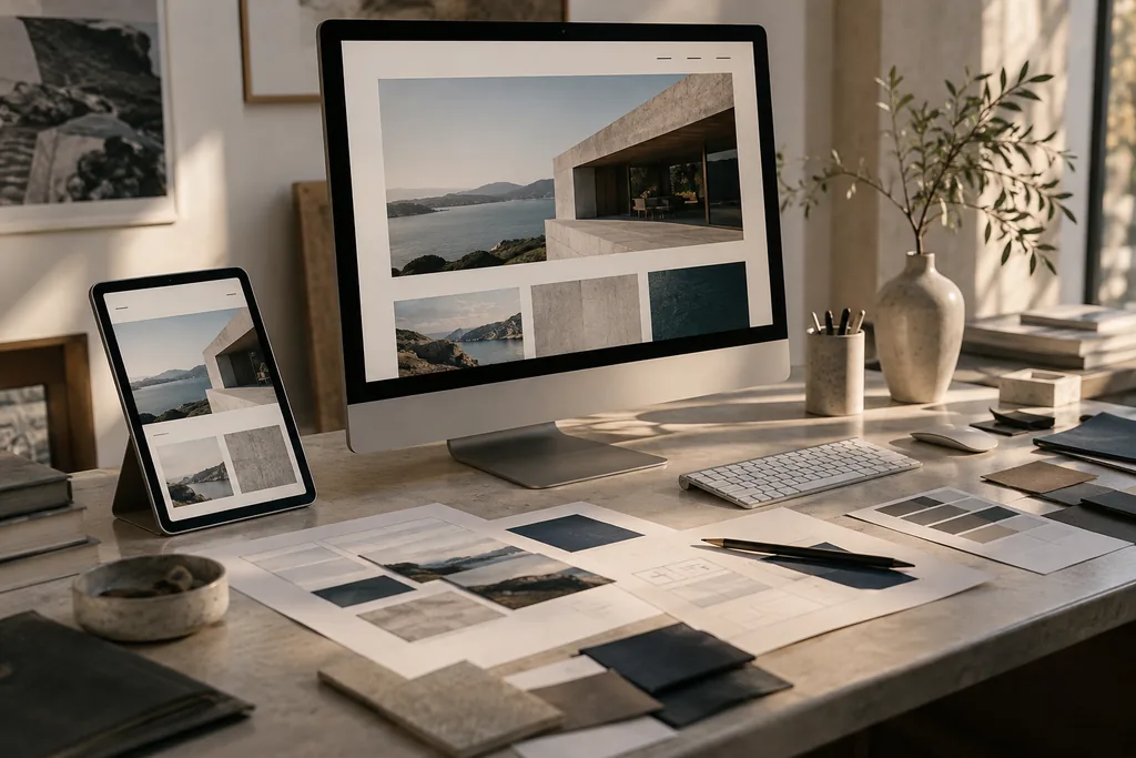 Design workplace with website design on screen and tablet as well as paper samples.