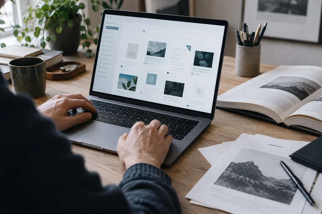 Person researched on the laptop next to an open book and documents.