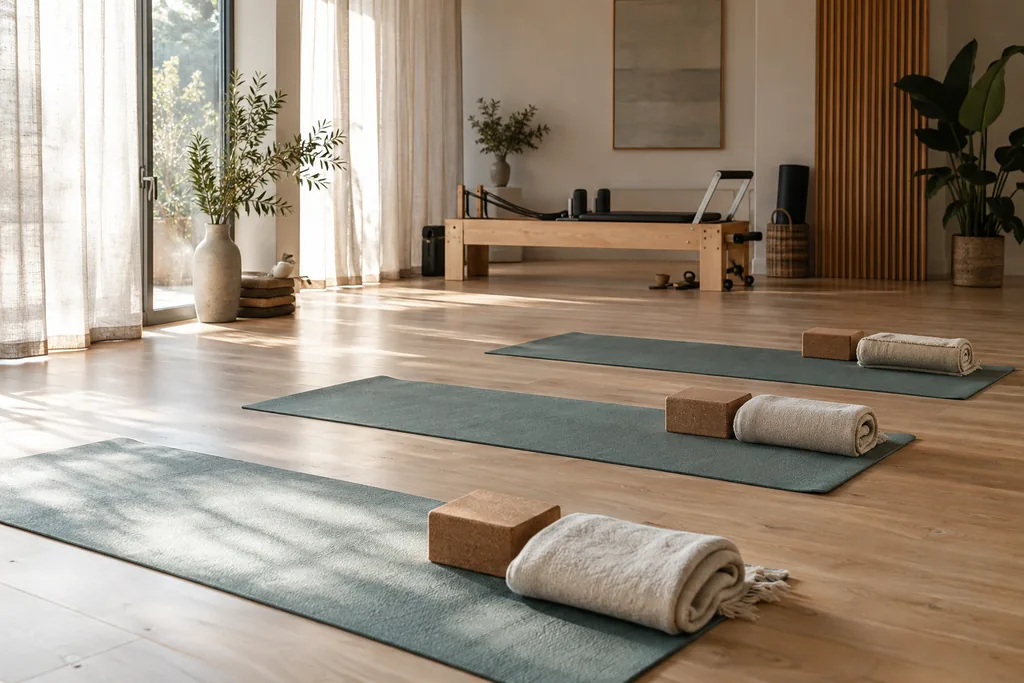 Quiet yoga and Pilates studio with mats, cork blocks and exercise equipment.