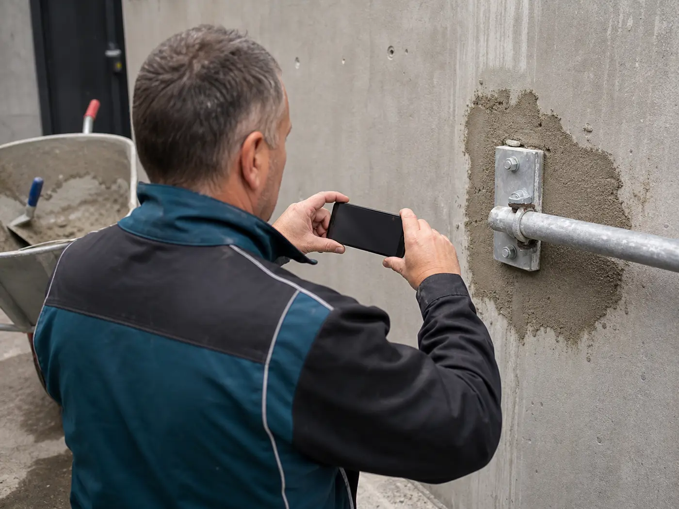 Mitarbeiter dokumentiert eine ausgeführte Arbeit mit dem Smartphone