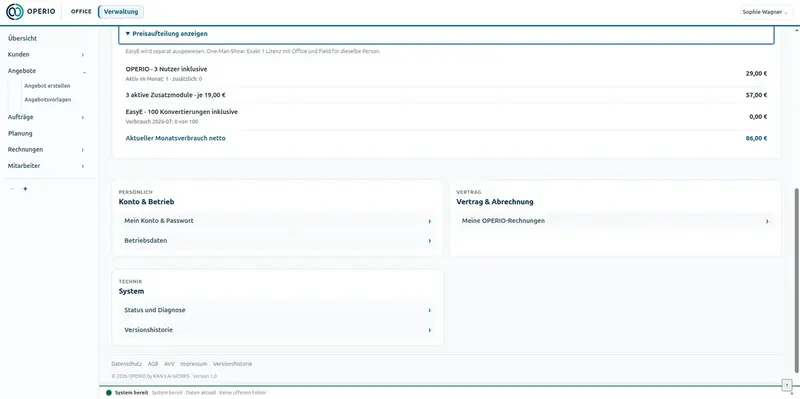 Preisübersicht mit Modulauswahl, aktive Nutzer insgesamt und monatlichem Gesamtpreis